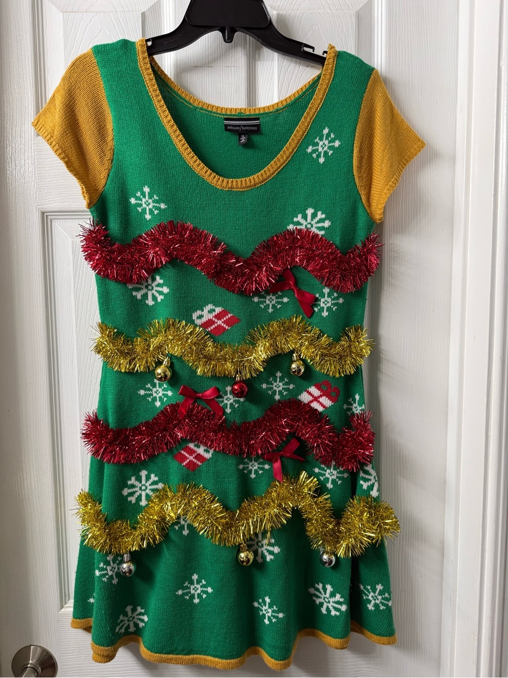 Holiday Tinsel Sweater Dress - Green & Gold